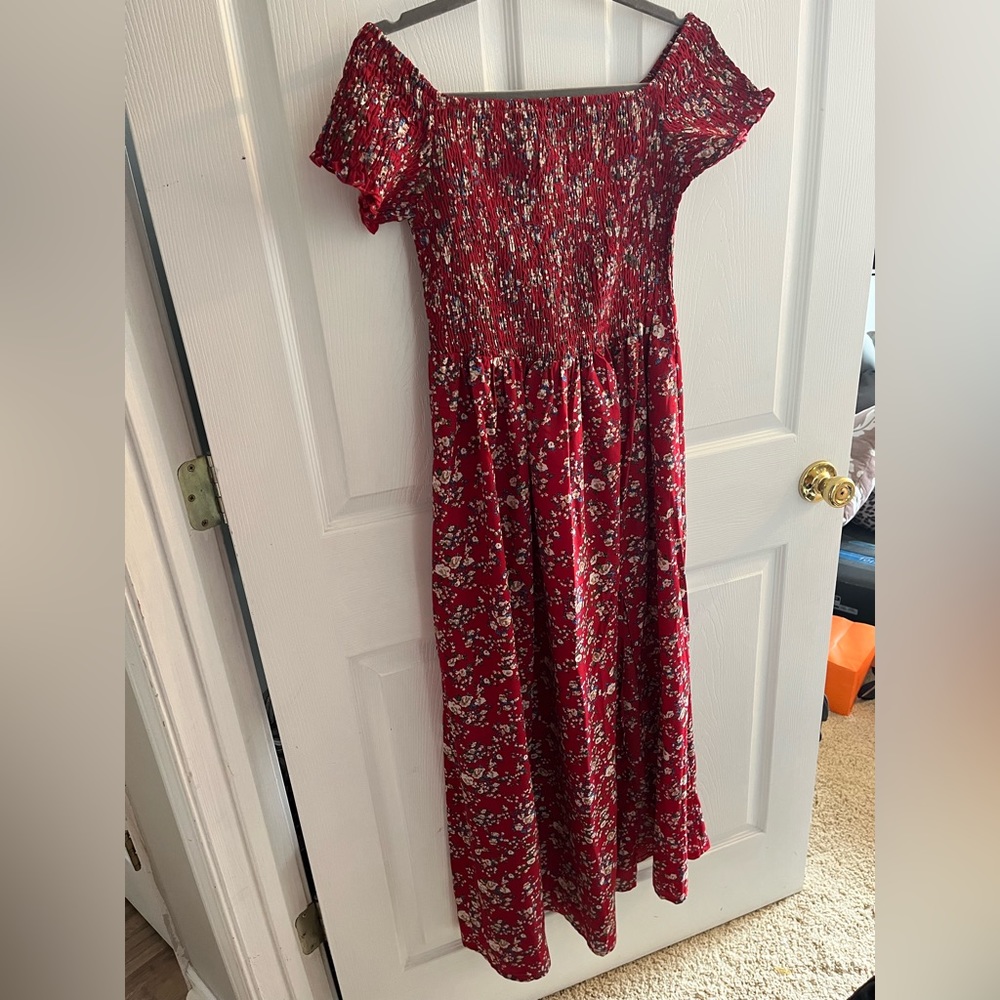 Red off shoulder maxi dress